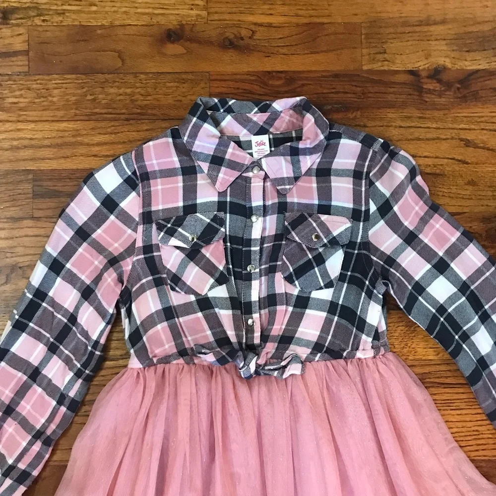Girls Justice Pink / Black Plaid & Tulle Dress Size Medium 7 / 8 100% Polyester